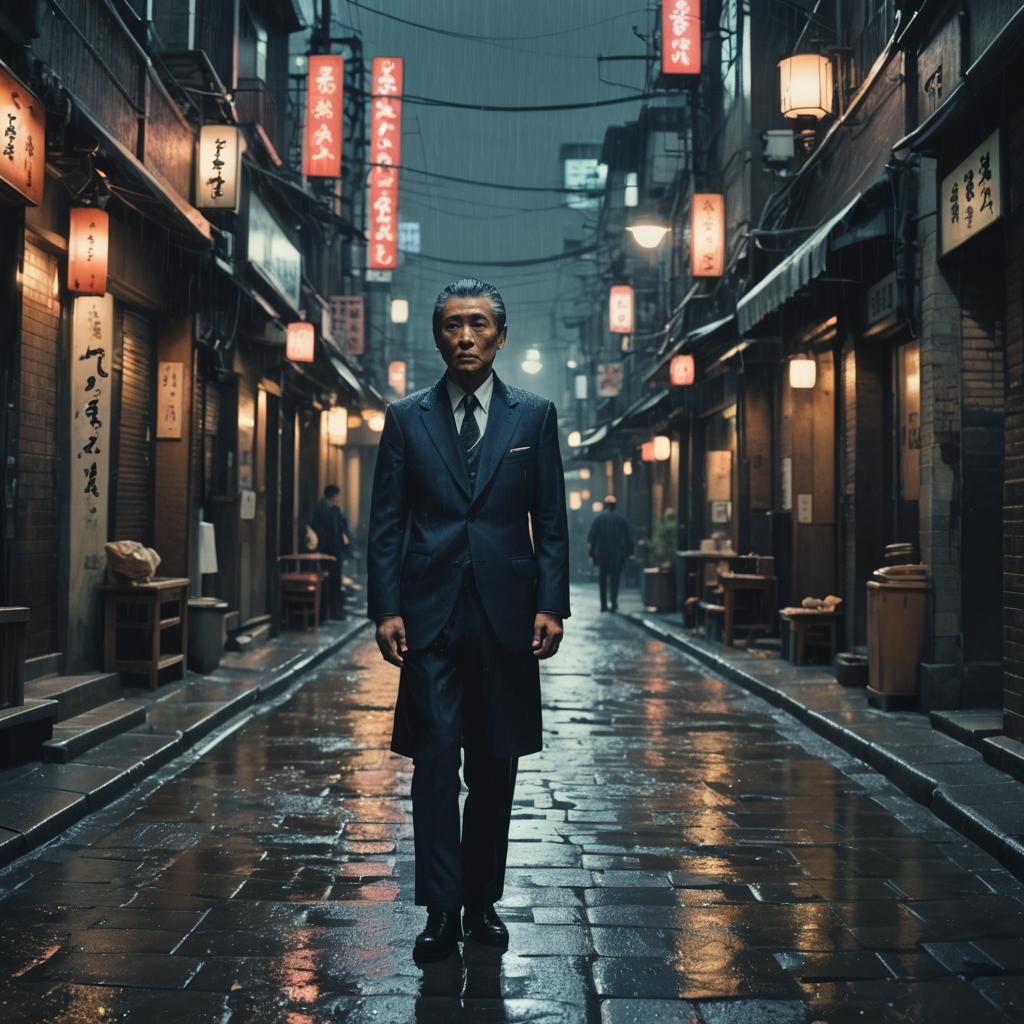 Yakuza in Rain-Soaked Alley: Cinematic Film Still
