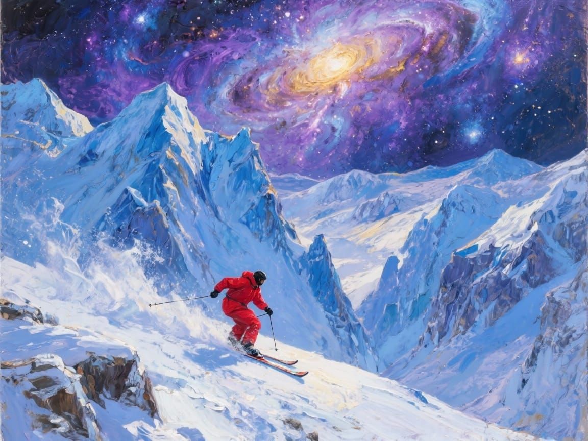 Skier's Cosmic Journey Through Icy Peaks