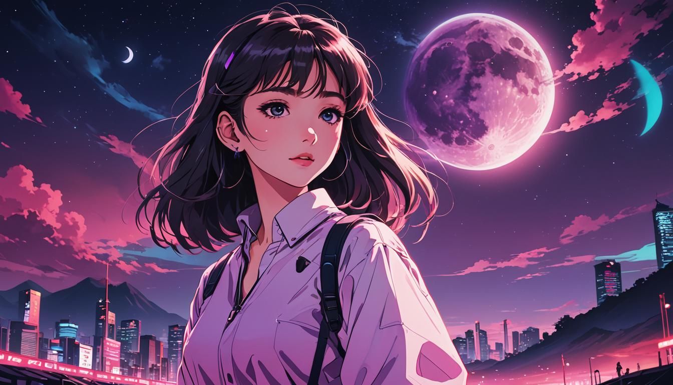 Moonlit Anime Scene in Synthwave Neon Retro Style