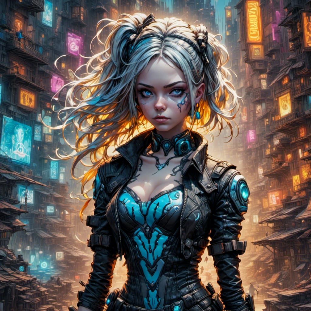 Cyberpunk Alice in Dystopian Wonderland Oil Painting