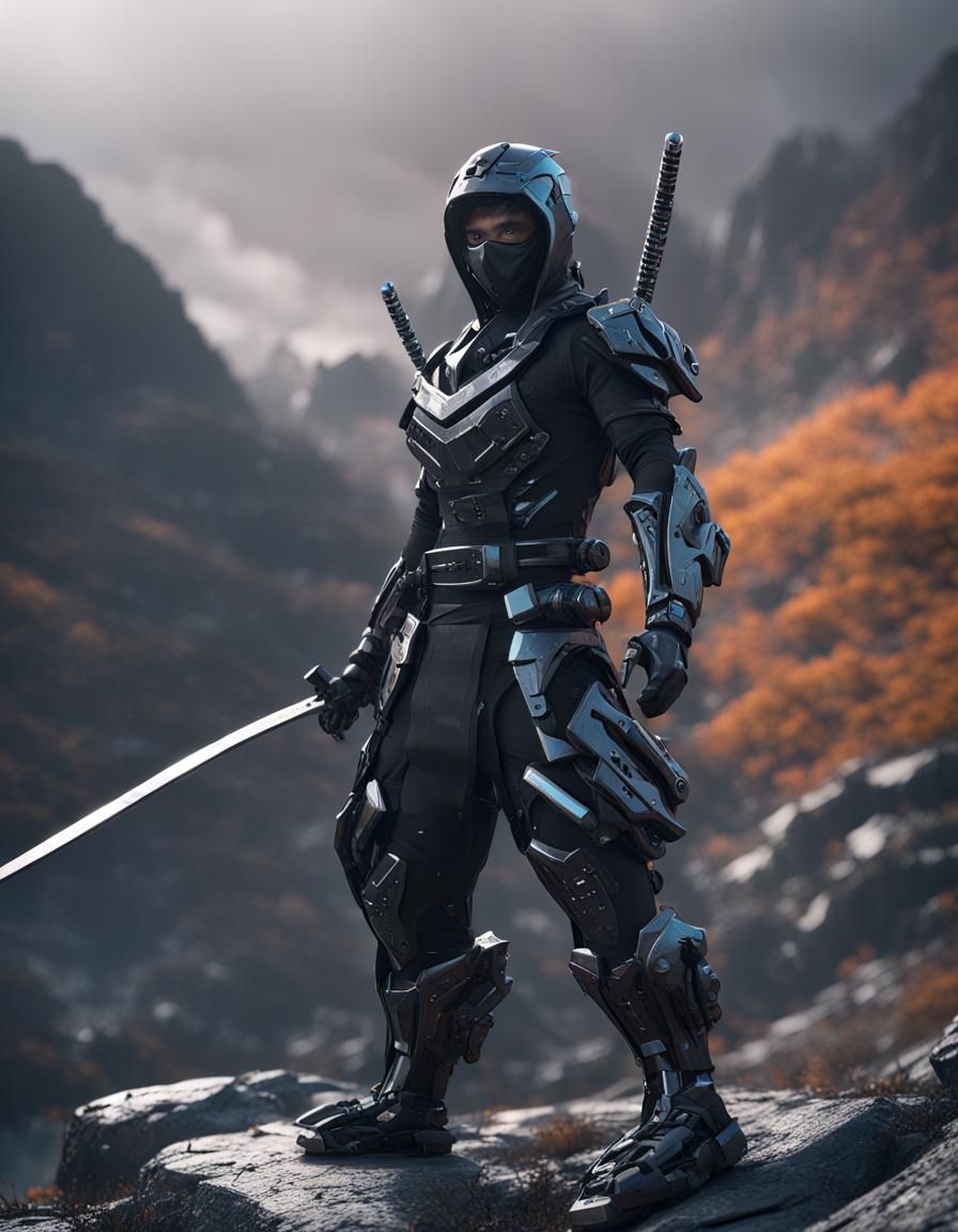 Cyberpunk Ninja Warrior in Stormy Mountain Scene