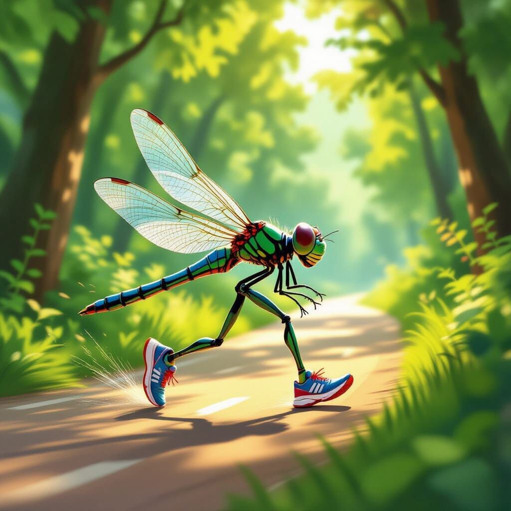 Dragonfly Marathon Runner in Sun-Dappled Forest