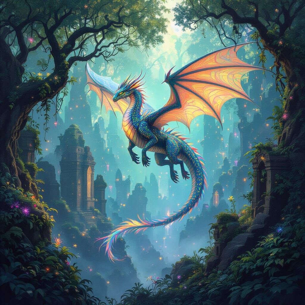 Dragon Soaring Through Bioluminescent Forest, Fantasy Concep...