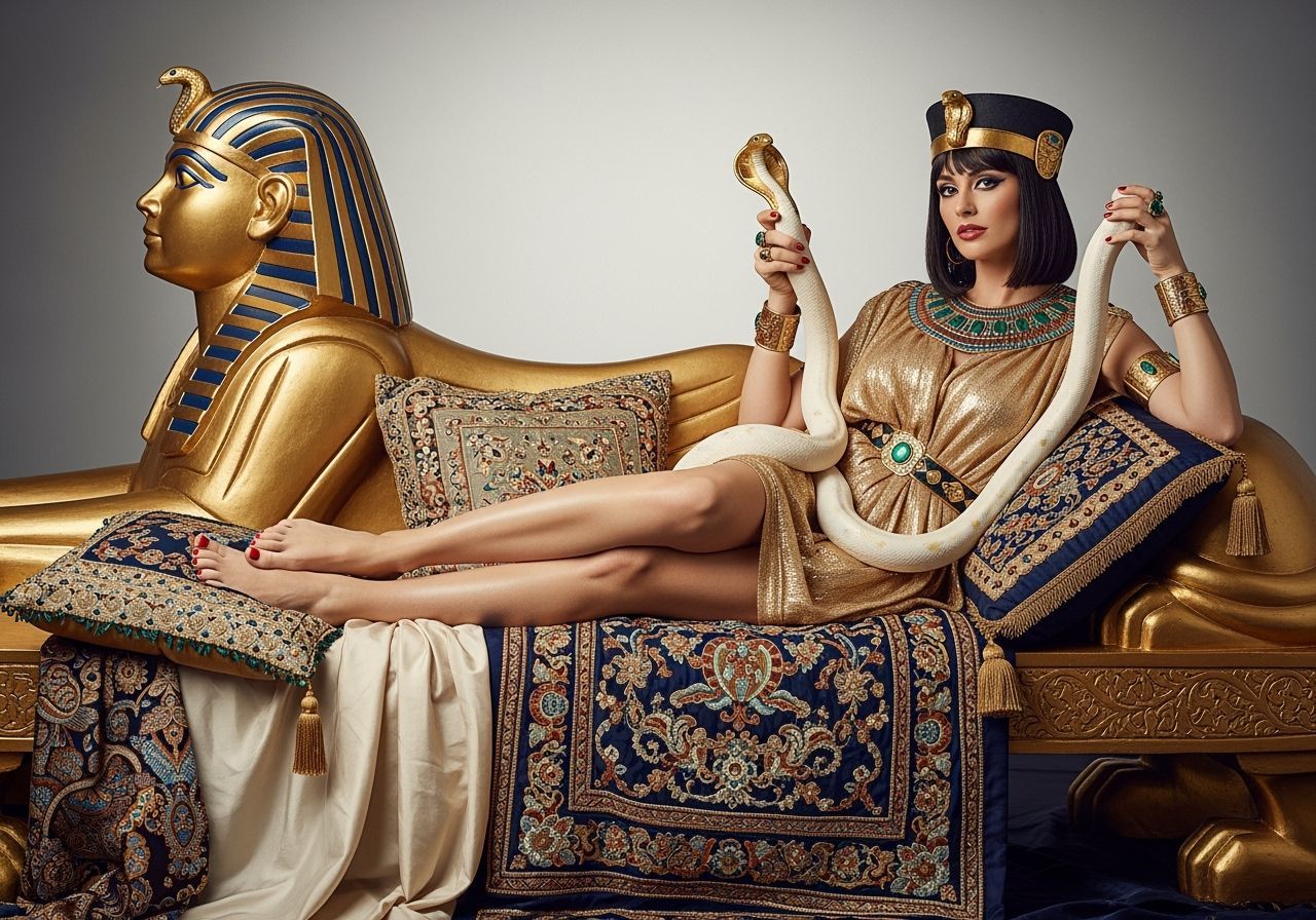 Seductive Egyptian Queen Lounging on Golden Sphinx