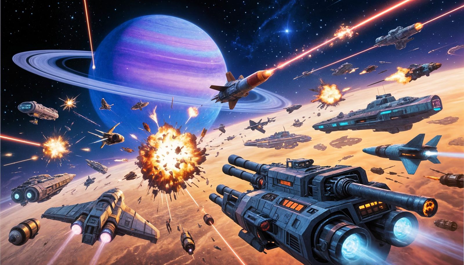 Epic Space Battle Near Ringed Gas Giant