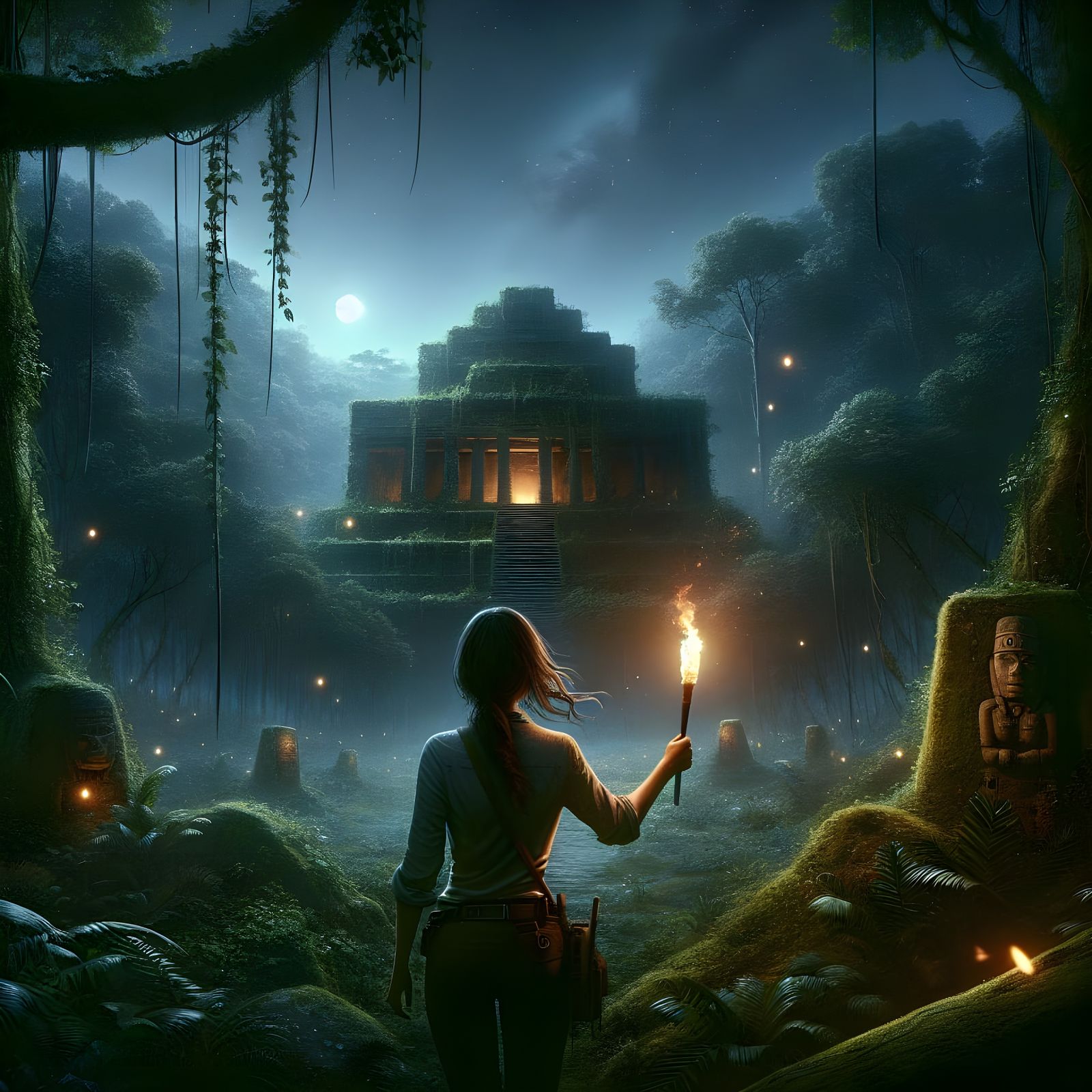 Hispanic Adventurer at Jungle Temple in Digital Painting