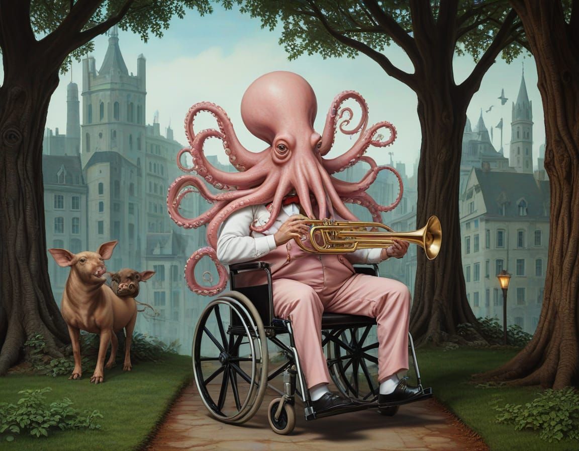 Octopus in Nurse's Uniform Plays Trombone in City Park
