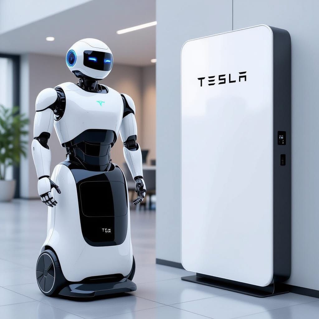 Futuristic Tesla Robot with Advanced Powerwall