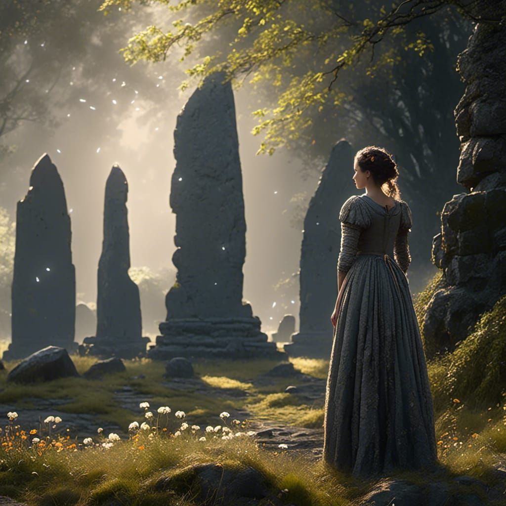 Time Traveler at Ancient Stones in Surreal Style