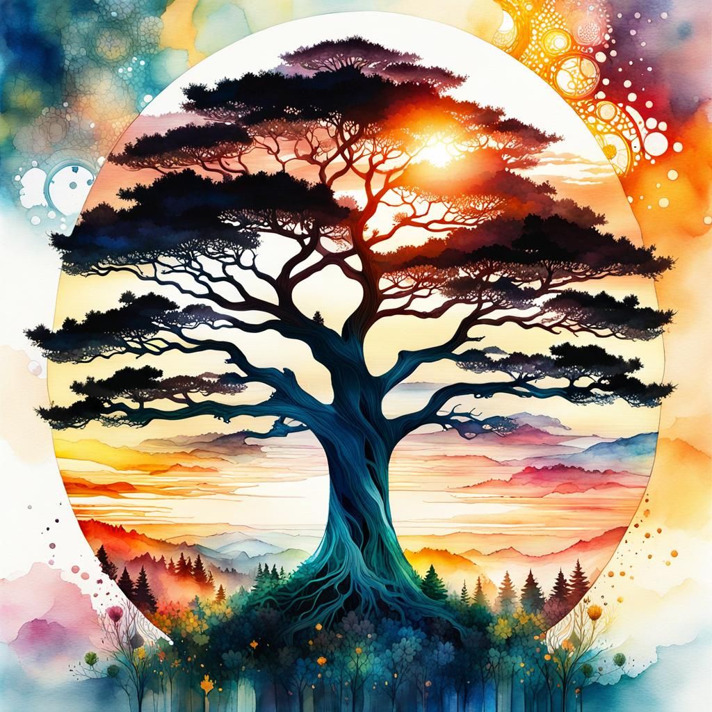 Fantasy Tree at Sunset: Watercolor Double Exposure