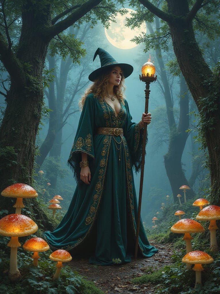 Enchanted Sorceress Weaves Spell in Mystical Forest