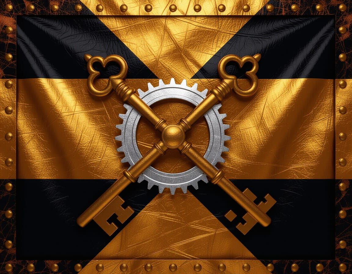 Copper Flag with Golden Key and Silver Gear