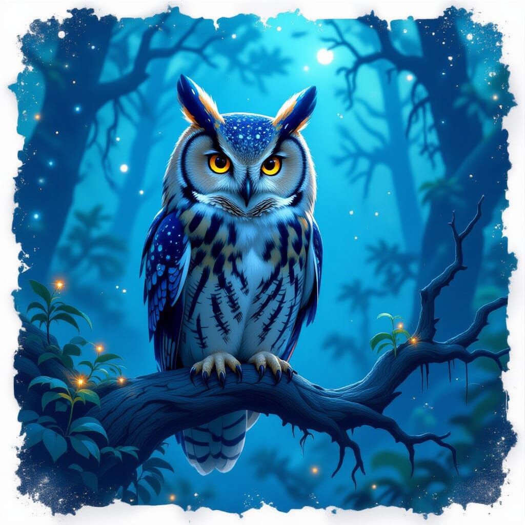 Galaxy Owl in Bioluminescent Forest: Fantasy Concept Art
