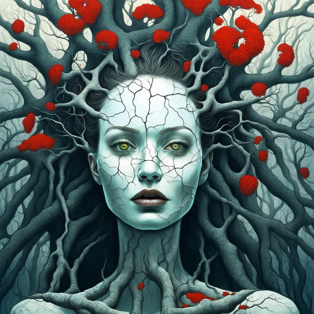 Surreal Girl with Tree Roots in Pencil Drawing