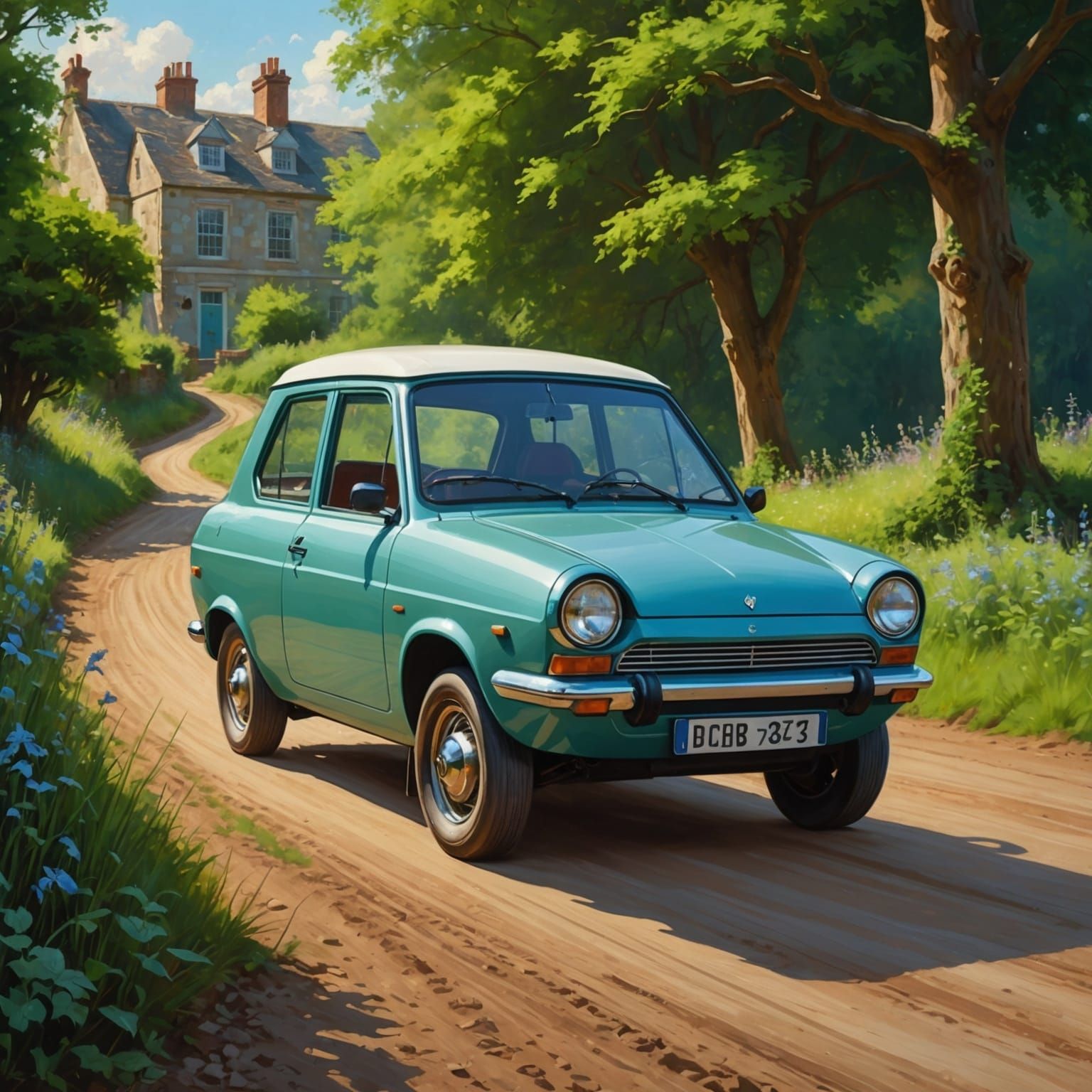 Reliant Robin on Country Road in Oil Painting Style