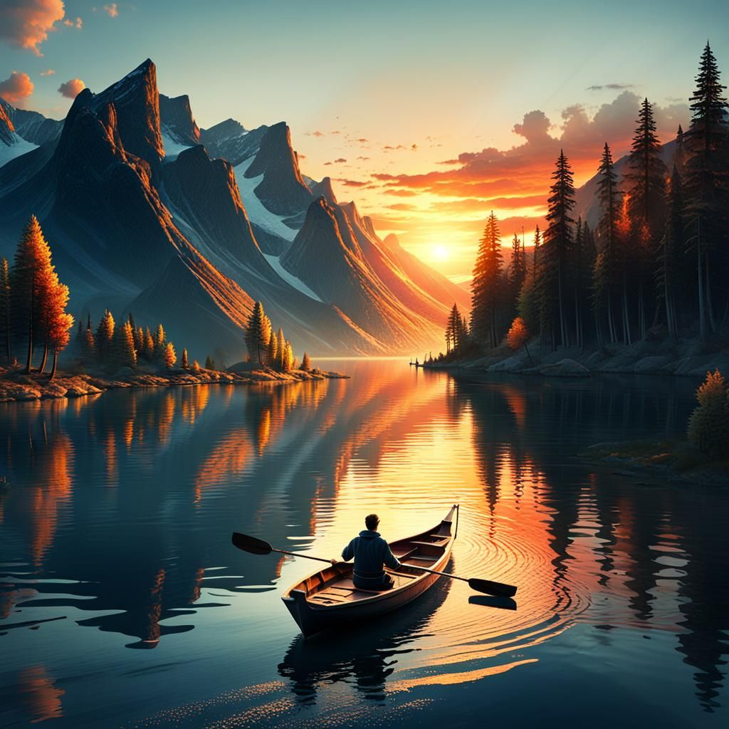 Lonely Man Sailing at Sunset: Stock Photography