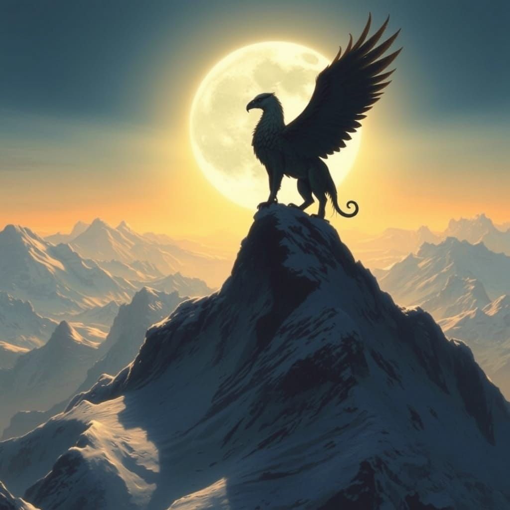 Griffin Perched on Snowy Peak Under Moonlight