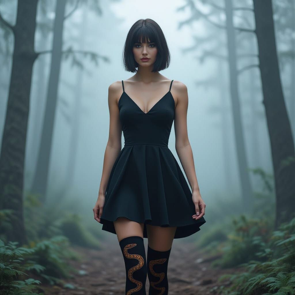 Woman in Foggy Forest with Snake Socks