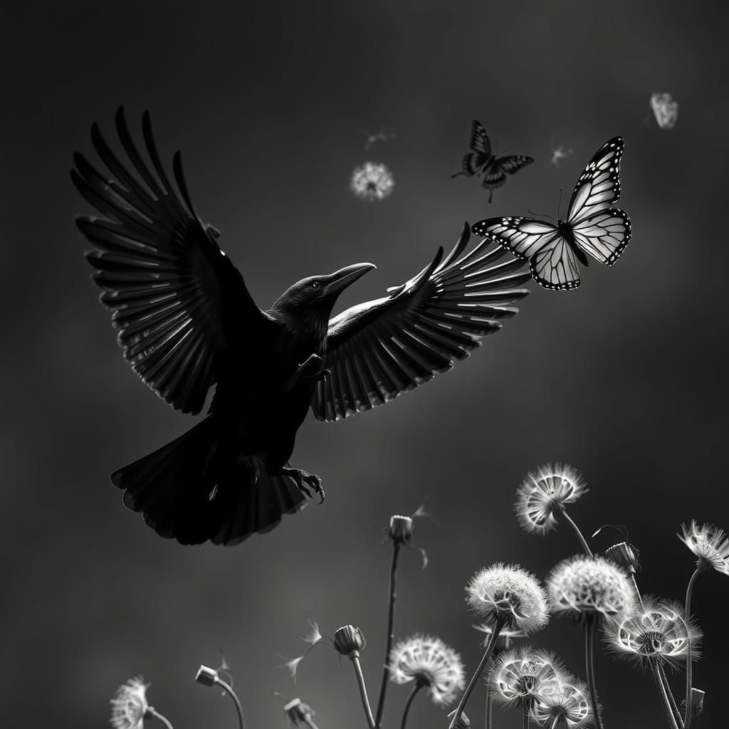 monochromatic black crow black wings chasing a black butterfly, dandelions lost in the summer sky, you and i were gettin...
