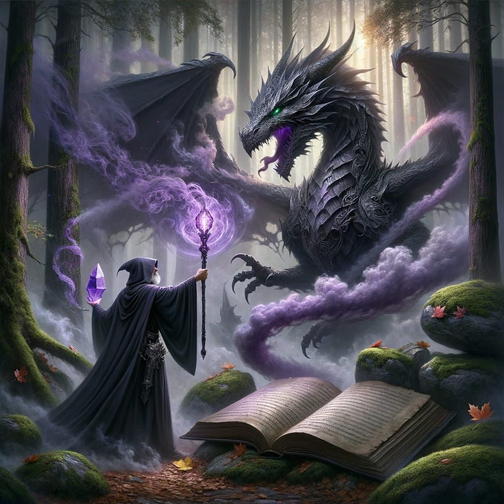Wizard Battles Smoke Dragon in Misty Forest