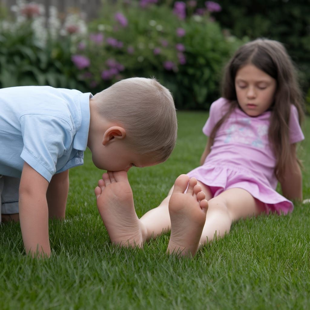 Boy Smelling Girl's Feet in Garden
