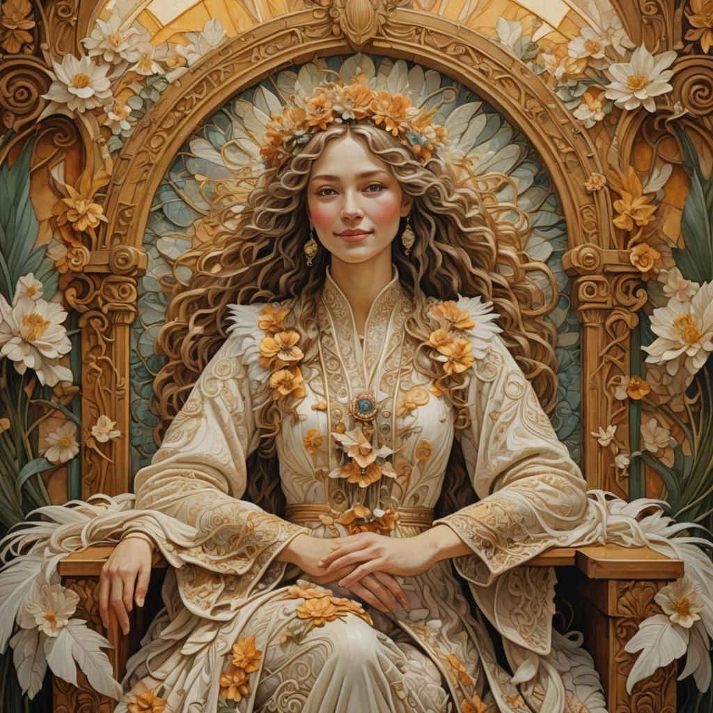 Angelic Art Nouveau Queen on Floral Throne