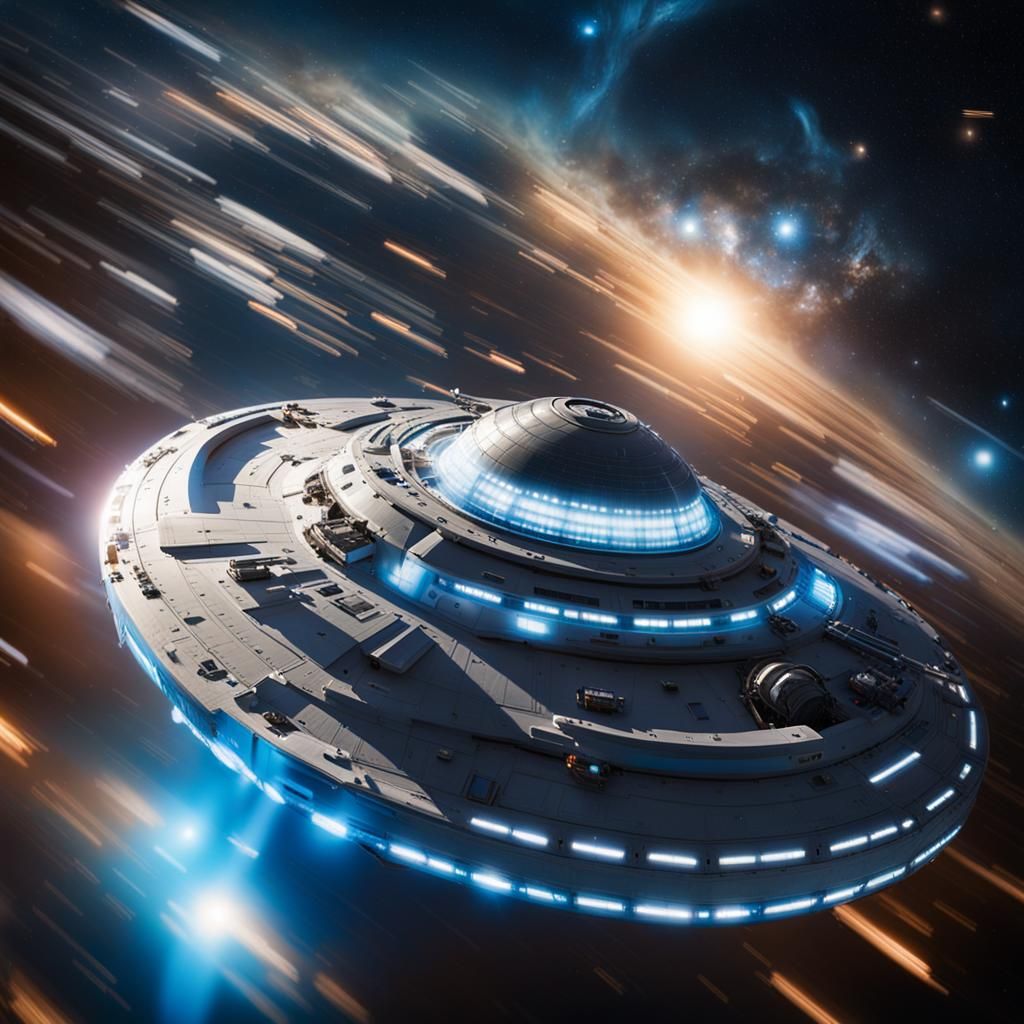 Silver Spaceship Enters Hyperspace with Blue Glow