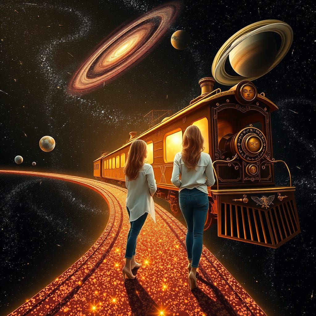 Steampunk Train Soars Above Galactic Landscape
