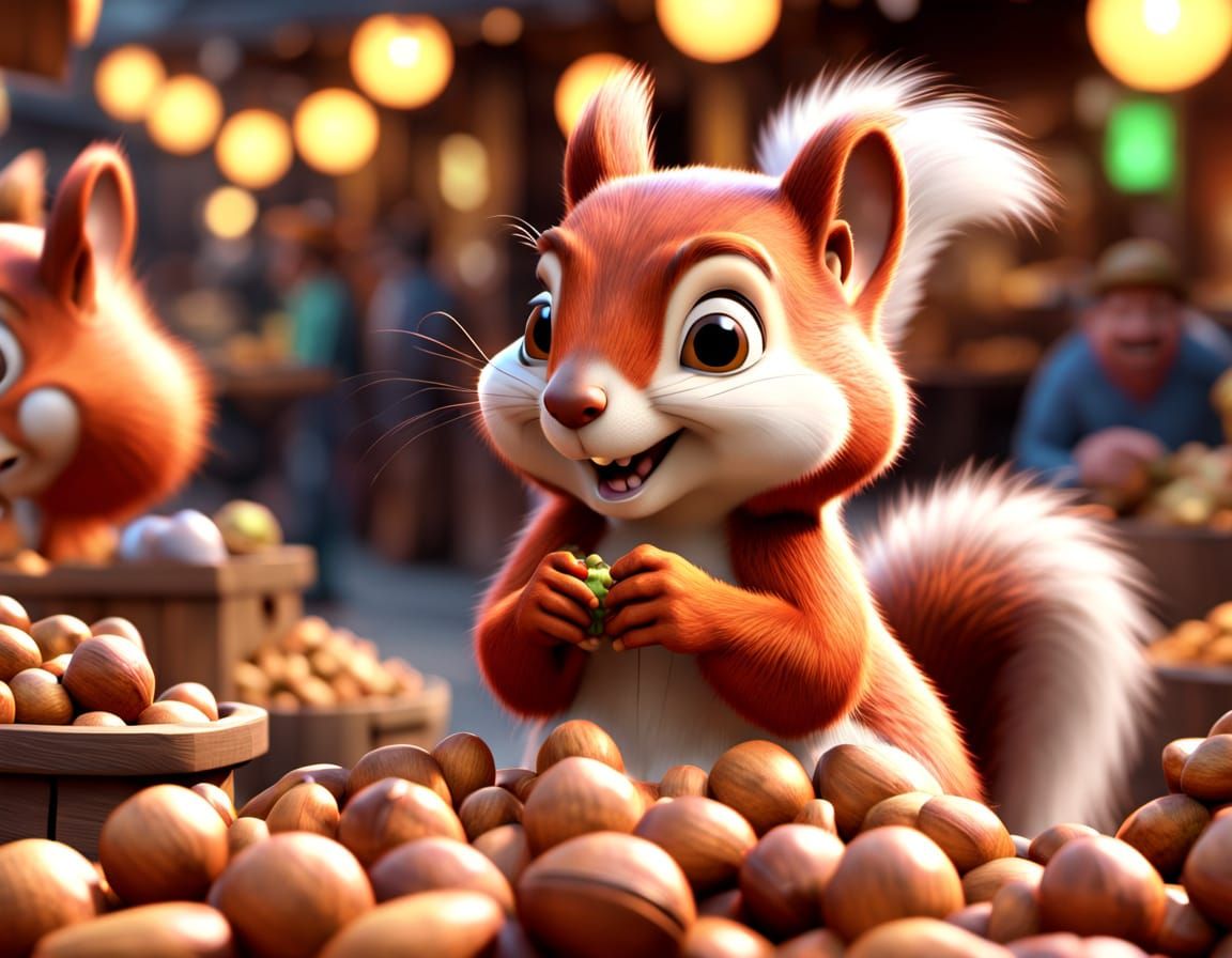 Mischievous Squirrel Stealing Nuts: Pixar-Inspired 3D Art