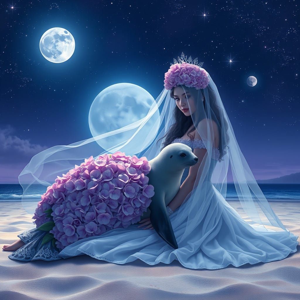 Regal Princess of Hydrangea Blossom in a Dreamlike Night Sky