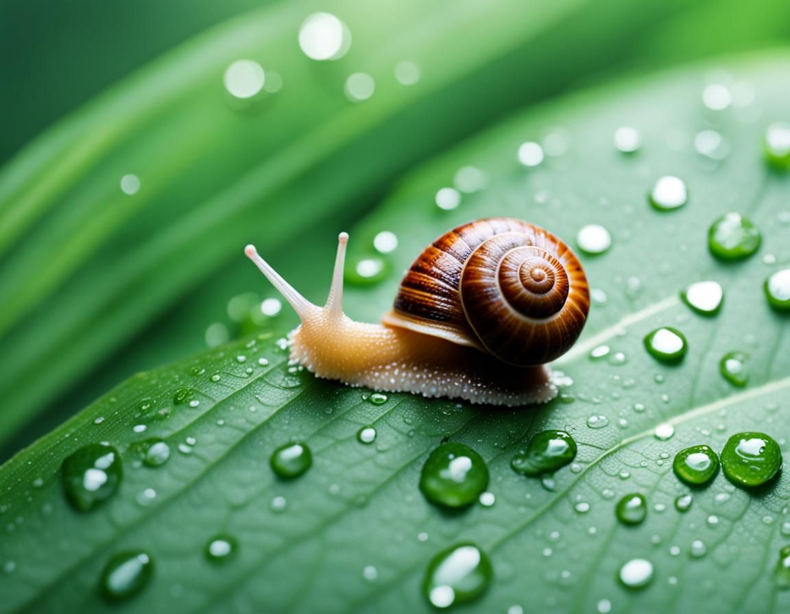 Snail on Leaf with Dew Drops