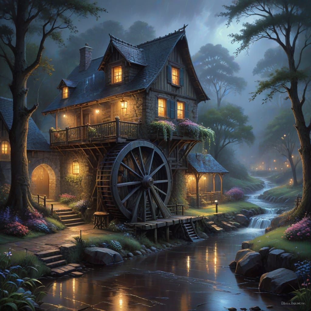 Serene Night Landscape with Rustic Waterwheel in Gentle Rain