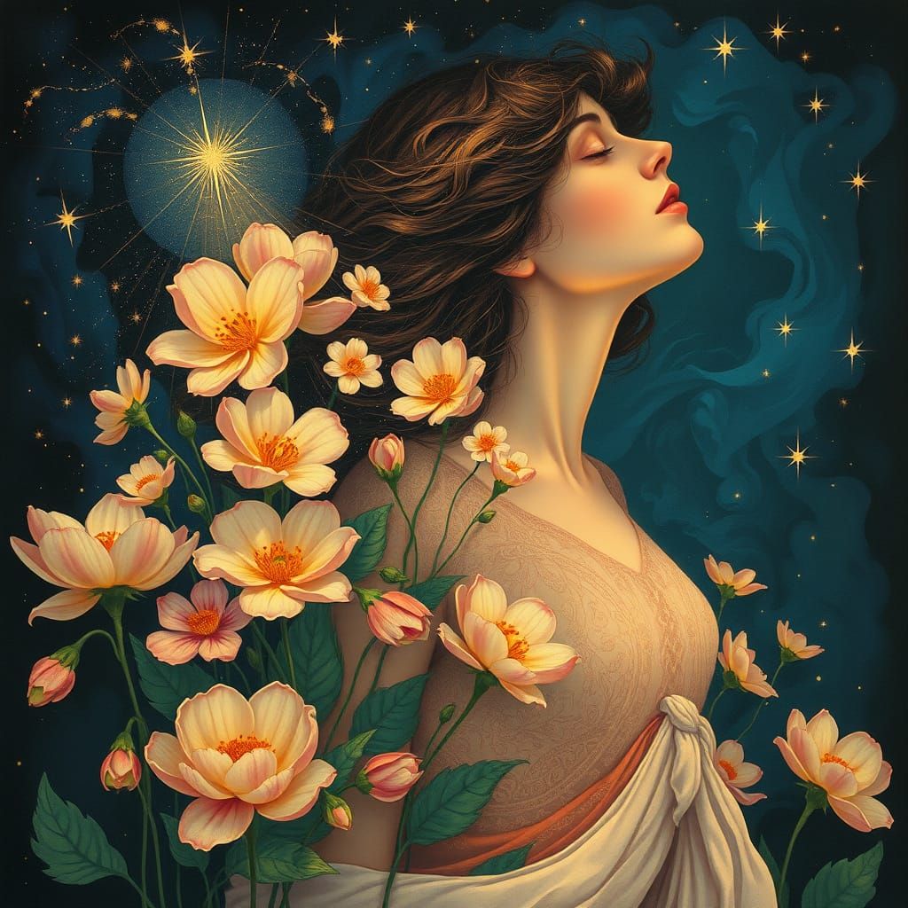 Woman Merging with Night Flowers and Starlight in Painterly ...