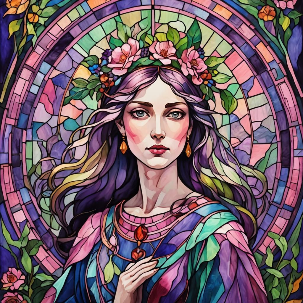 Stained Glass Woman in Gouache Style