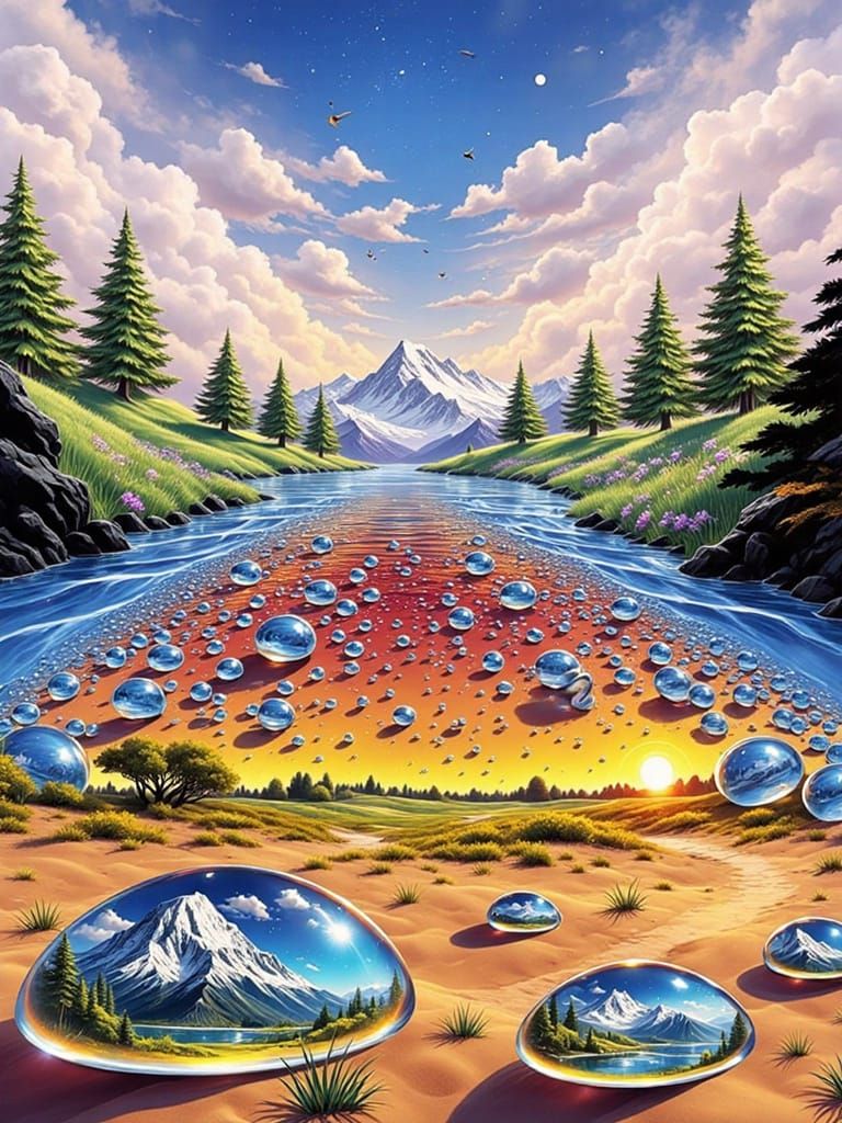 Musical River Flows Through Desert Landscape with Reflecting...