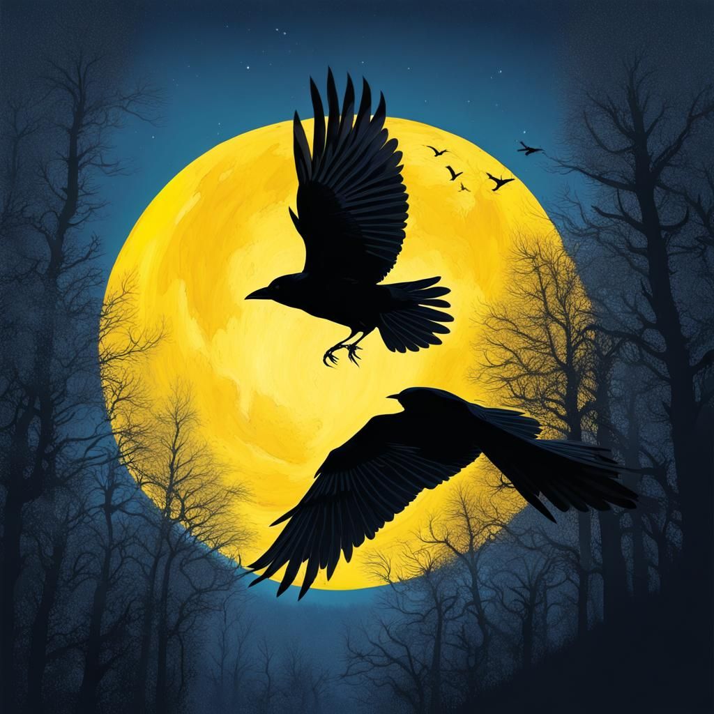 Crow Silhouette Against Yellow Moon in Hyperrealistic Style