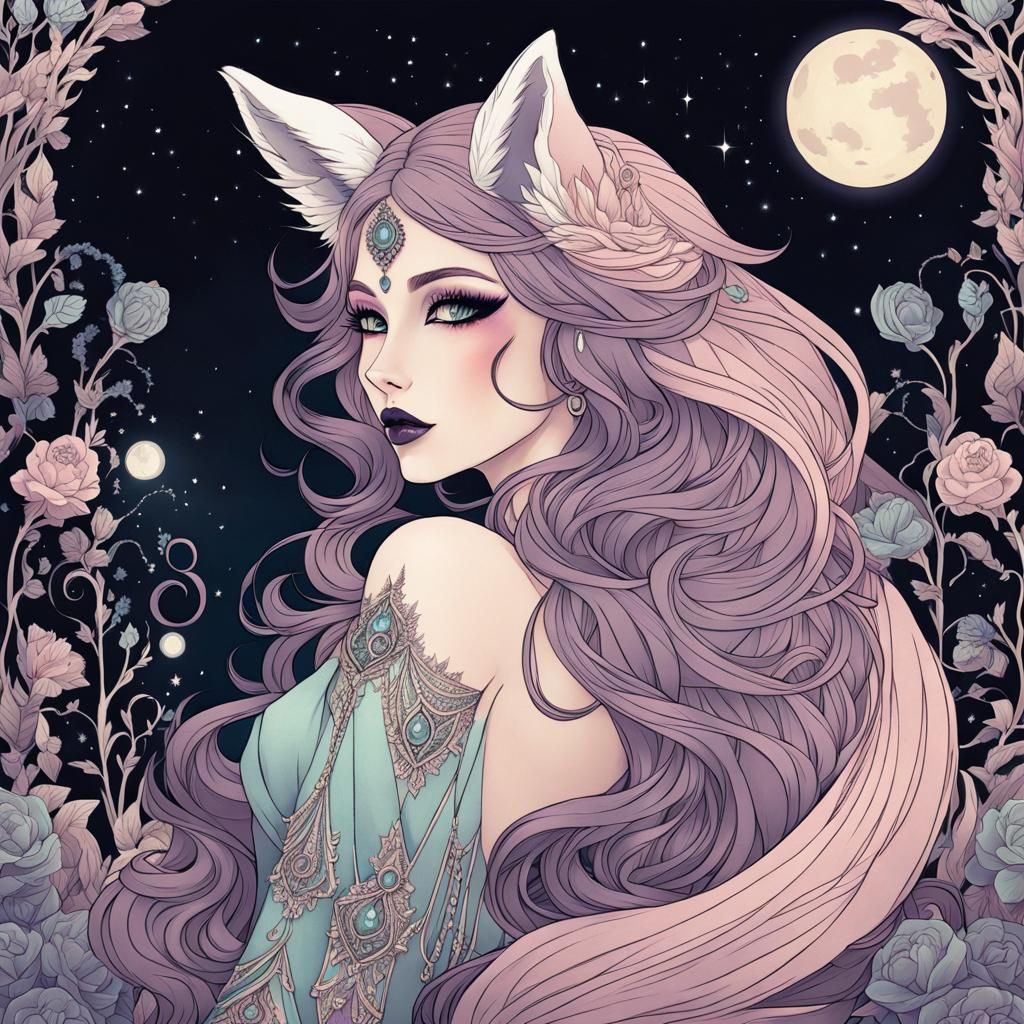 Pastel Goth Fox Woman Hybrid Under Night Sky
