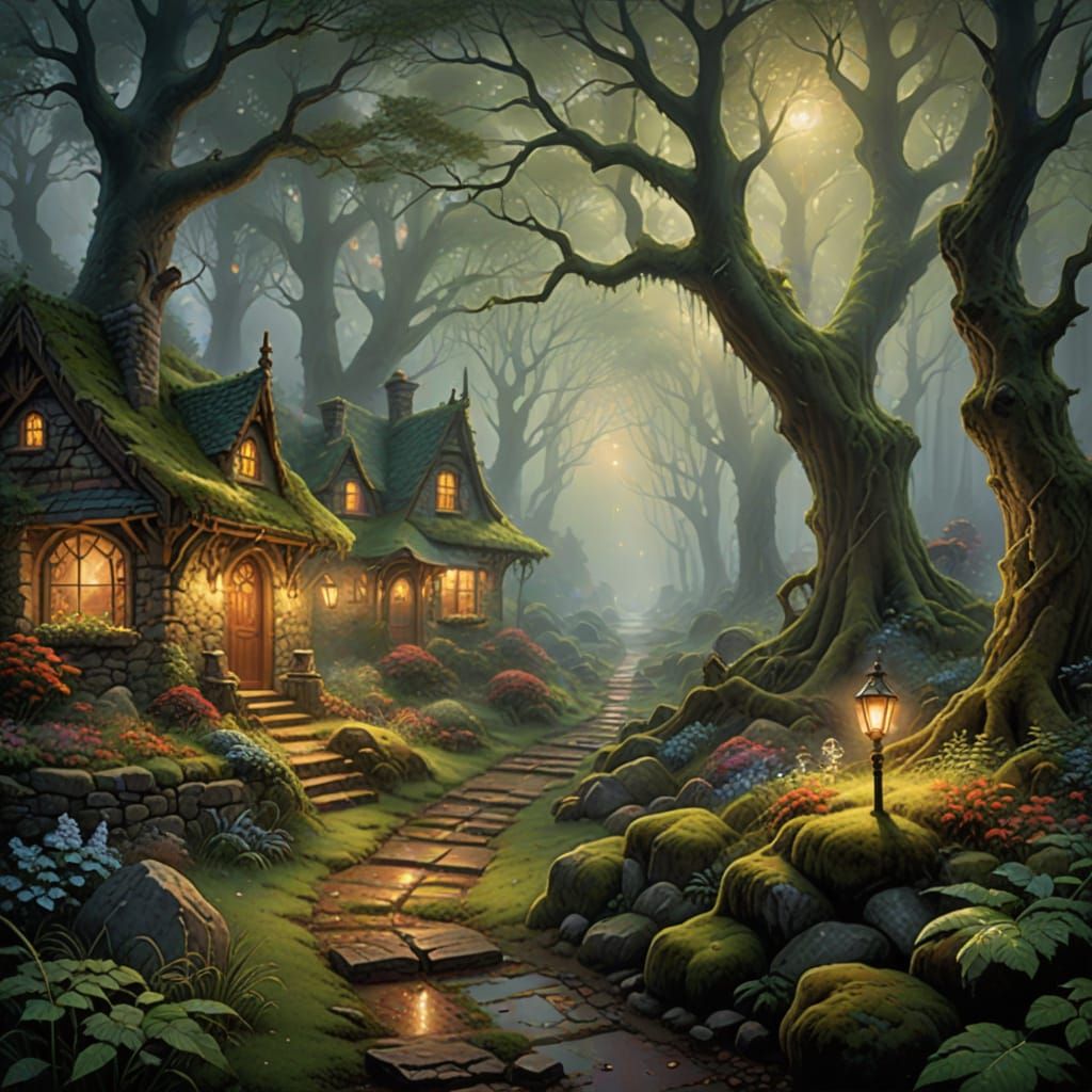 Enchanted Forest Path in Glowing Morning Mist