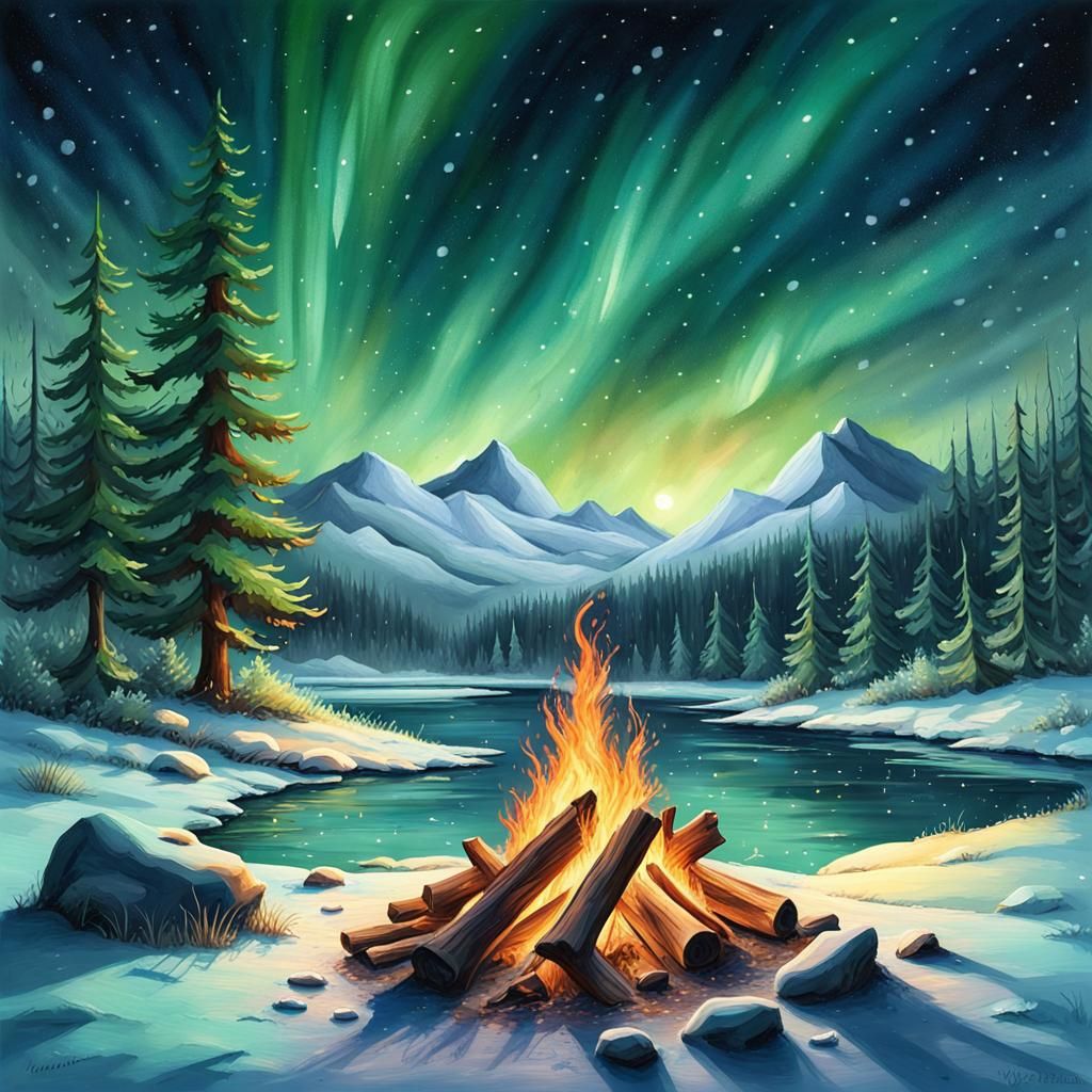 Winter Campfire Under Northern Lights, Watercolor Painting
