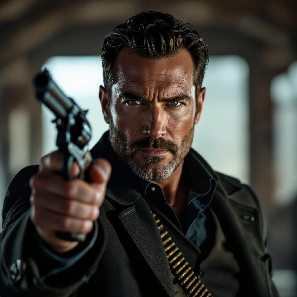 Man Holds Colt Revolver in Cinematic Film Still