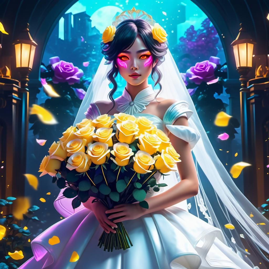 Ahri as Bride with Roses in Vaporwave Style