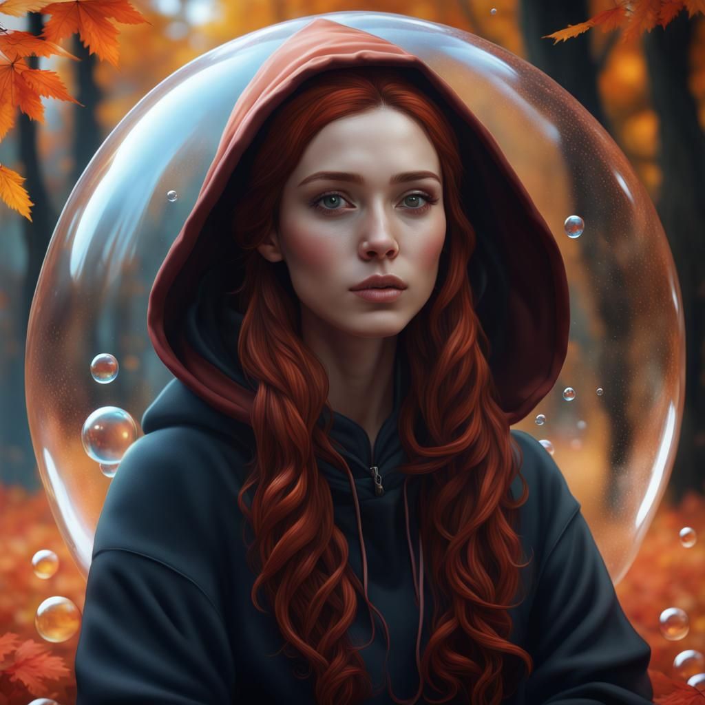 Autumn Fantasy: Girl in Bubble with Leaves