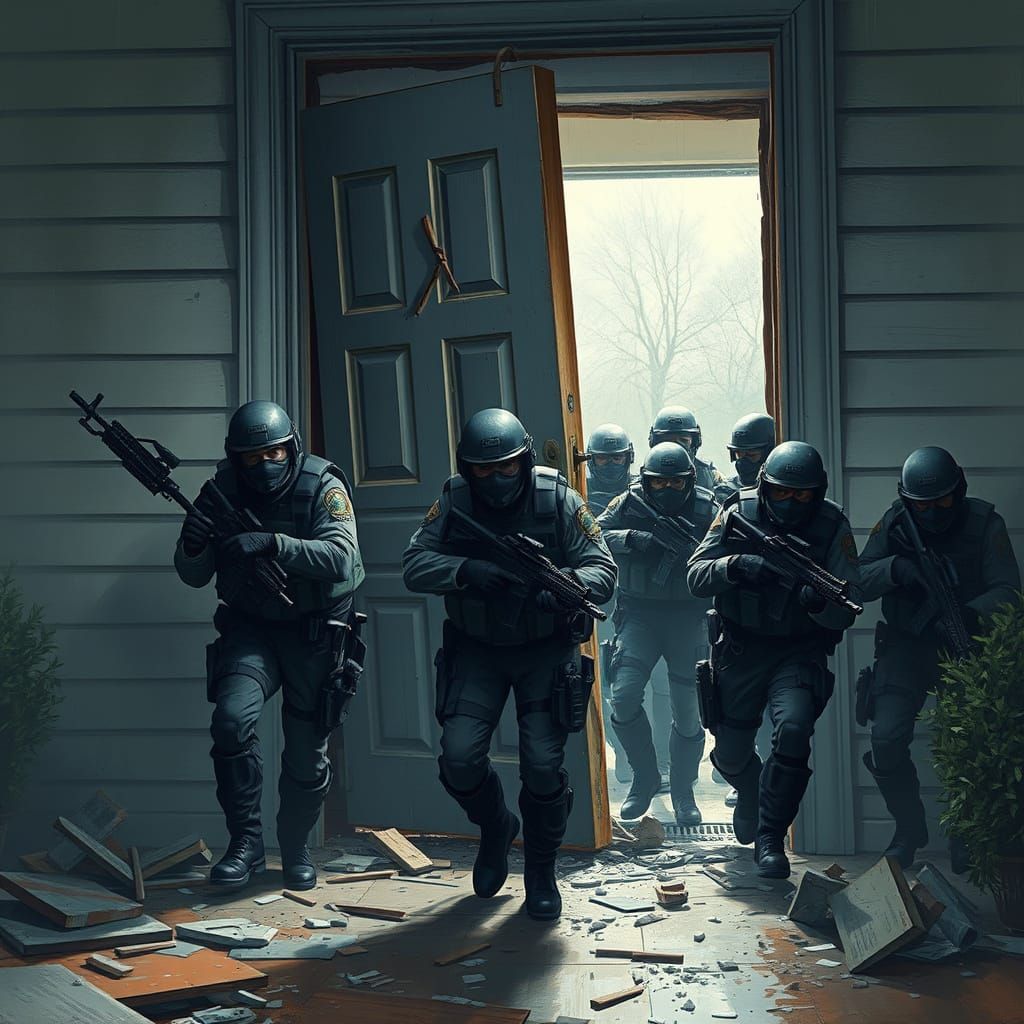 Tactical Officers Storm a Damaged Front Door in Gritty, Cine...