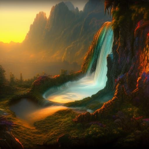 Sunset Waterfall Fantasy Concept Art in 8k