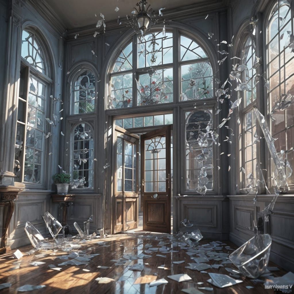Glass Shattering in Victorian House: 3D Anime Art