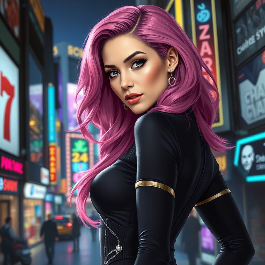 Pink-Haired Woman in a Neon Metropolis, Art Nouveau Style