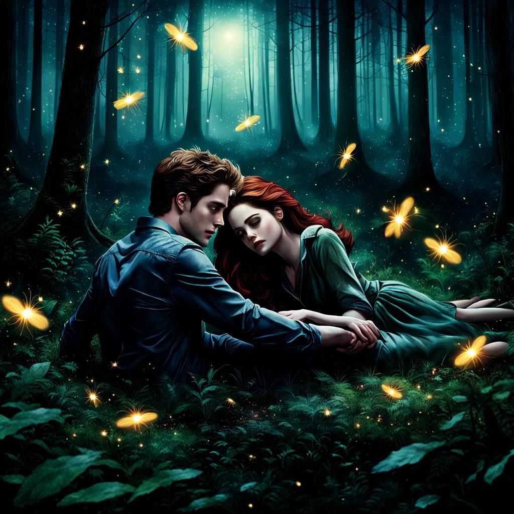 Lovers Embrace in Dark Forest with Fireflies