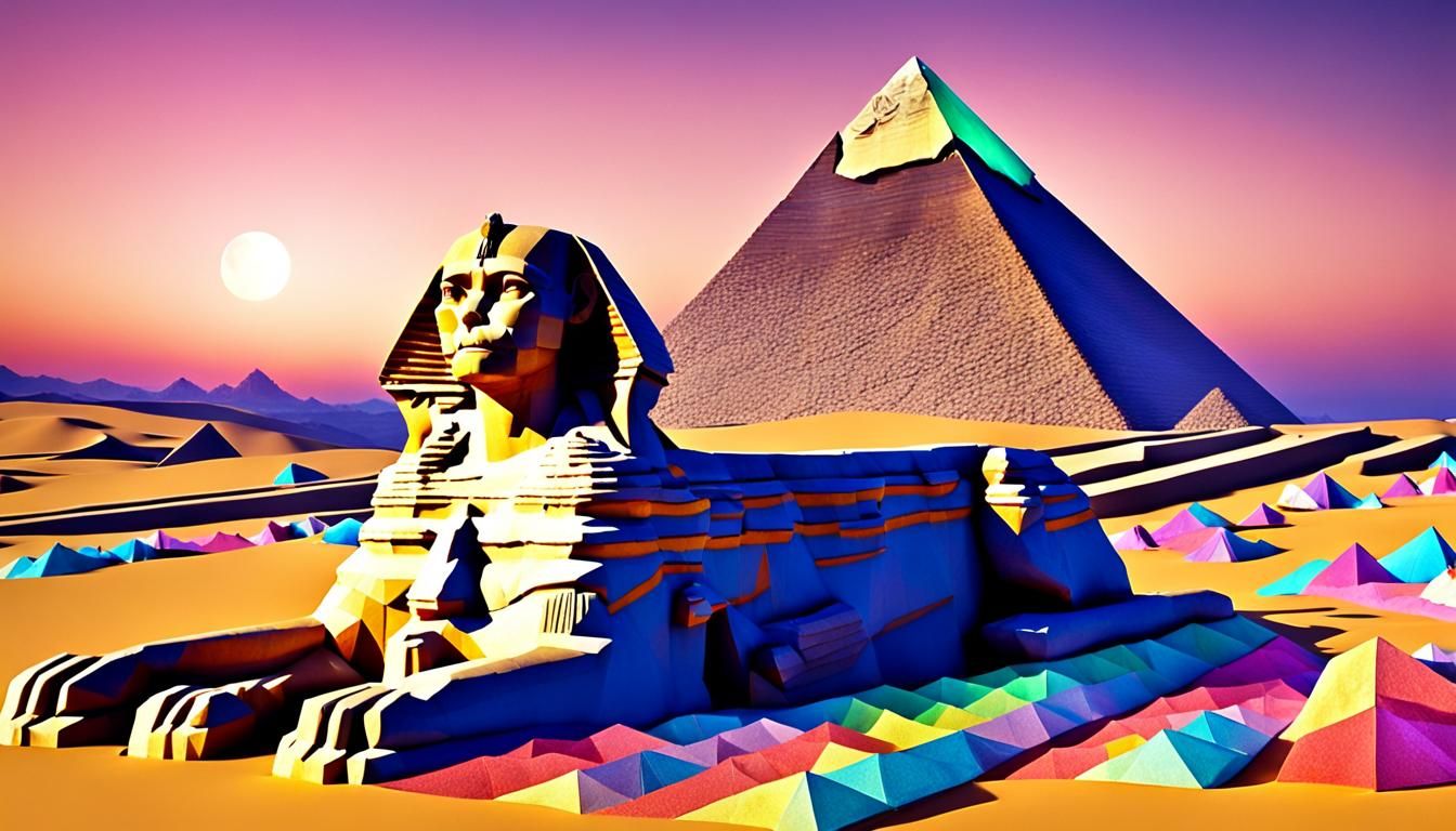 The Great Sphinx of Giza at night made from billions of colorful quartz crystals shining with an inner light, full body ...