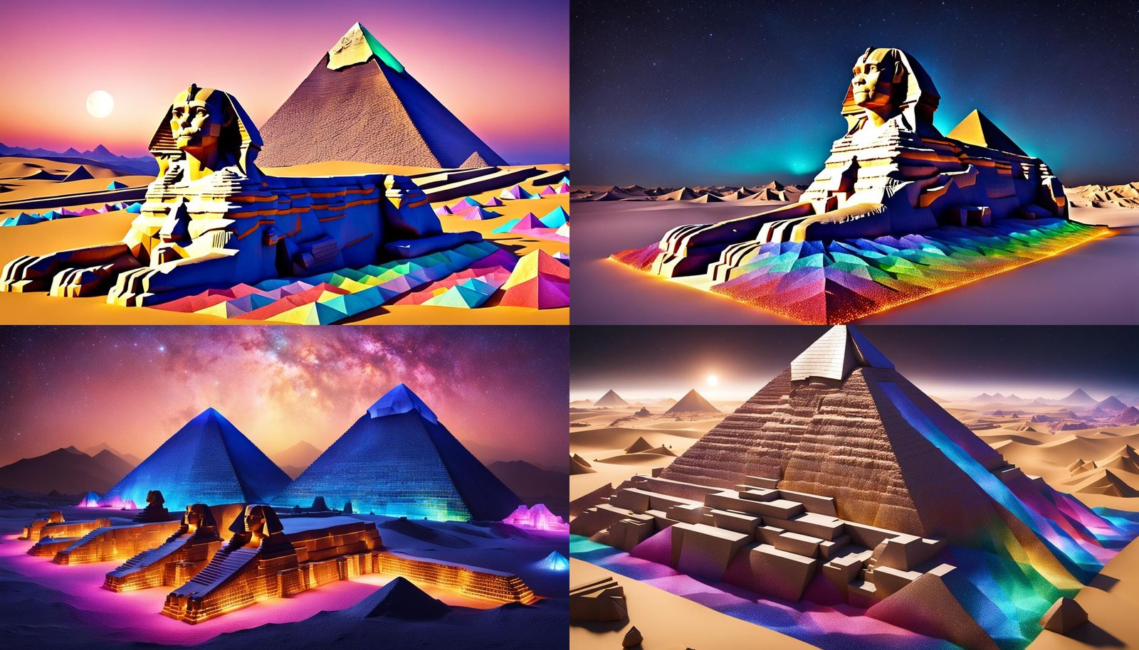 The Great Sphinx of Giza at night made from billions of colorful quartz crystals shining with an inner light, full body ...