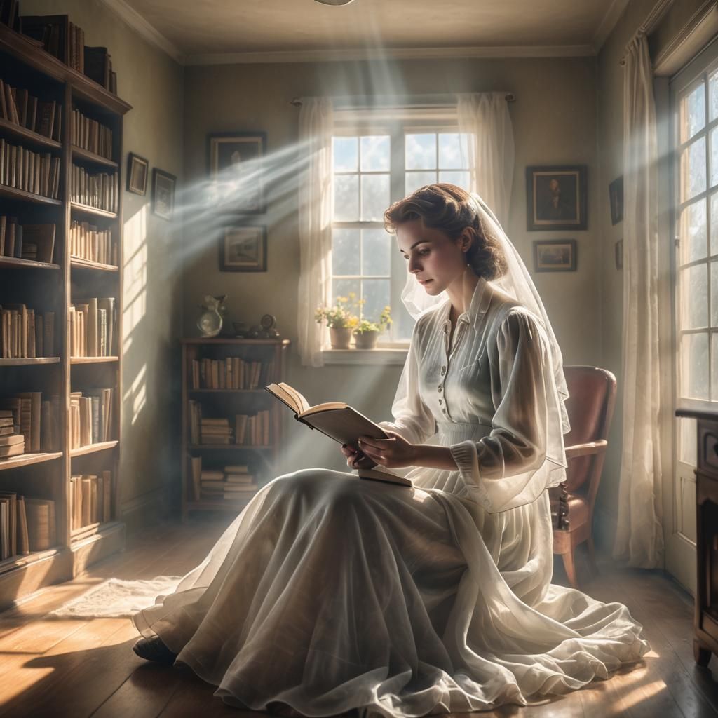 Ethereal Woman Reading in 1940s Home